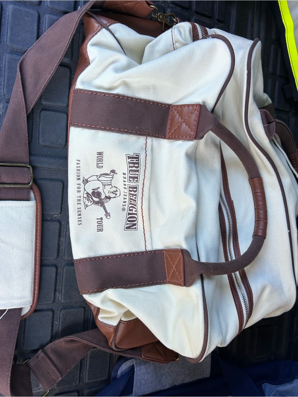 True Religion Cream and Brown Canvas Duffel with Logo